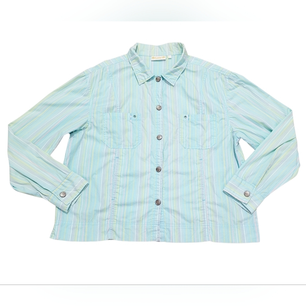 Lulu-B Women’s Button Front Jacket Shirt Pastel Stripe Cotton Blend Size Large - Picture 3 of 14